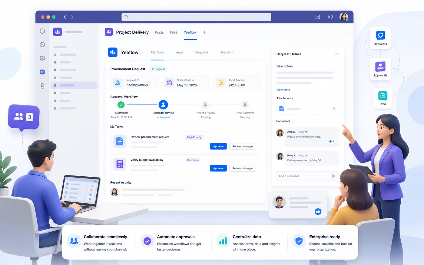 Business users collaborating around Yeeflow workflows embedded inside a Microsoft Teams workspace