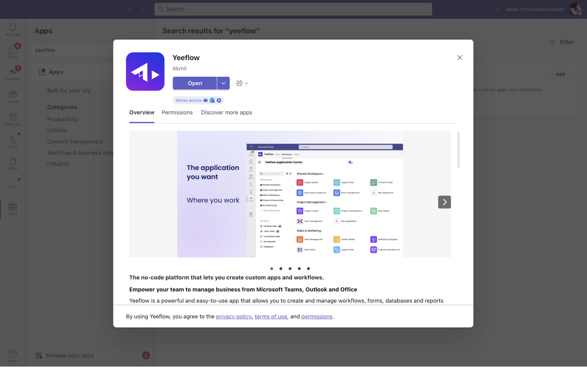 Yeeflow app listing and installation flow inside Microsoft Teams