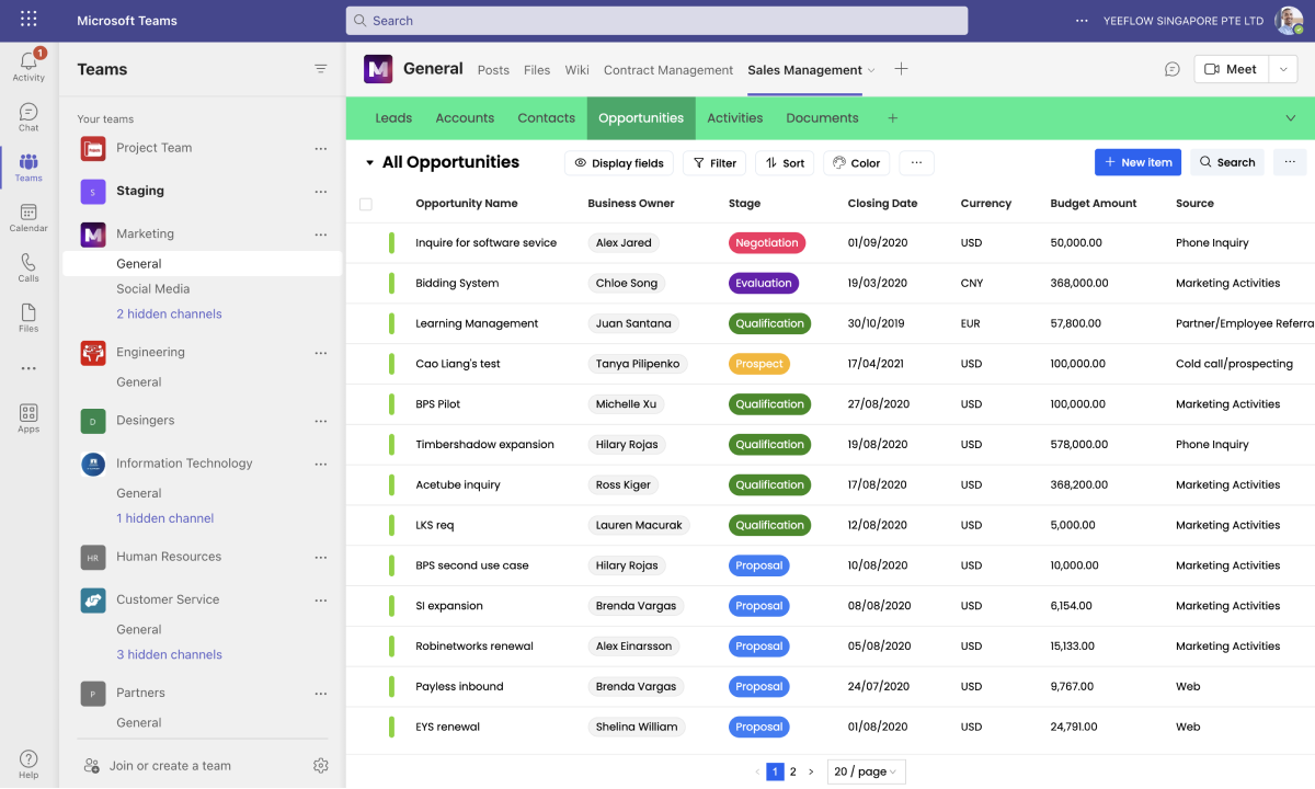 Yeeflow application shared in a Microsoft Teams channel