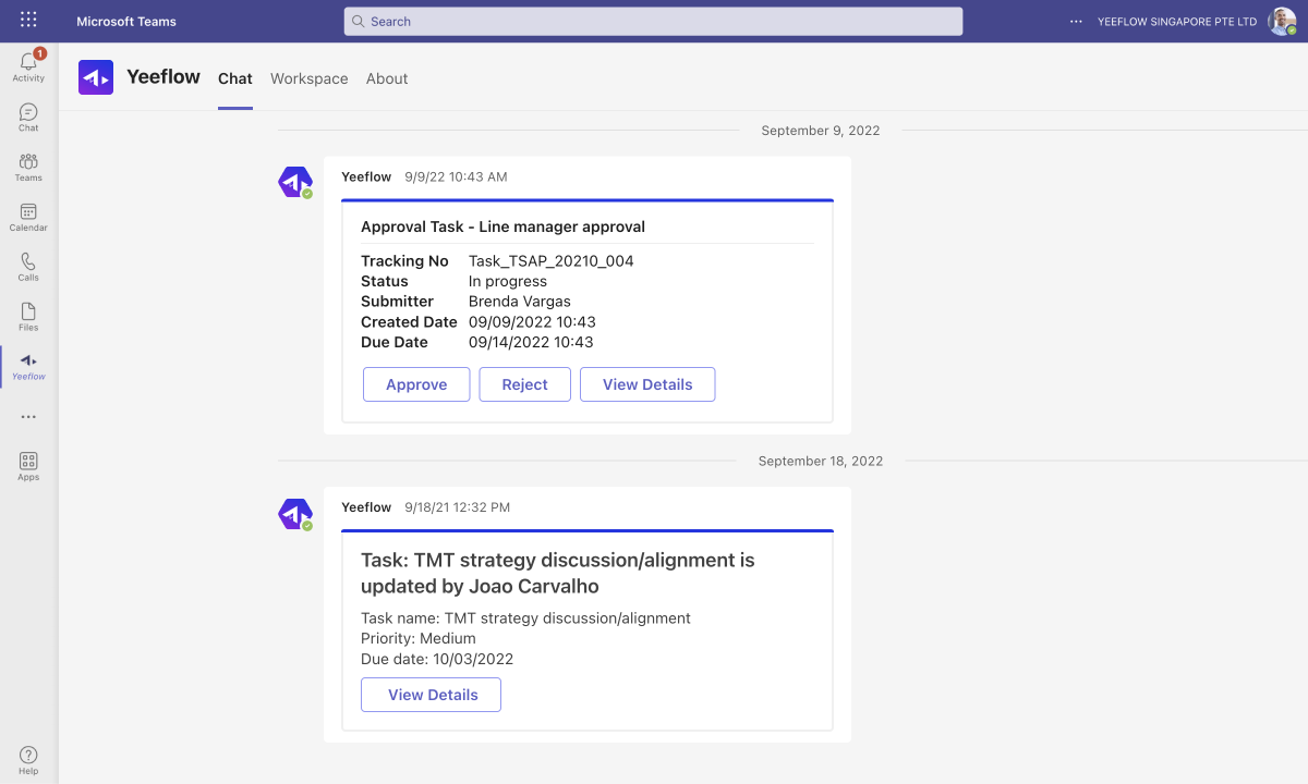 Yeeflow bot notification and task update inside Microsoft Teams